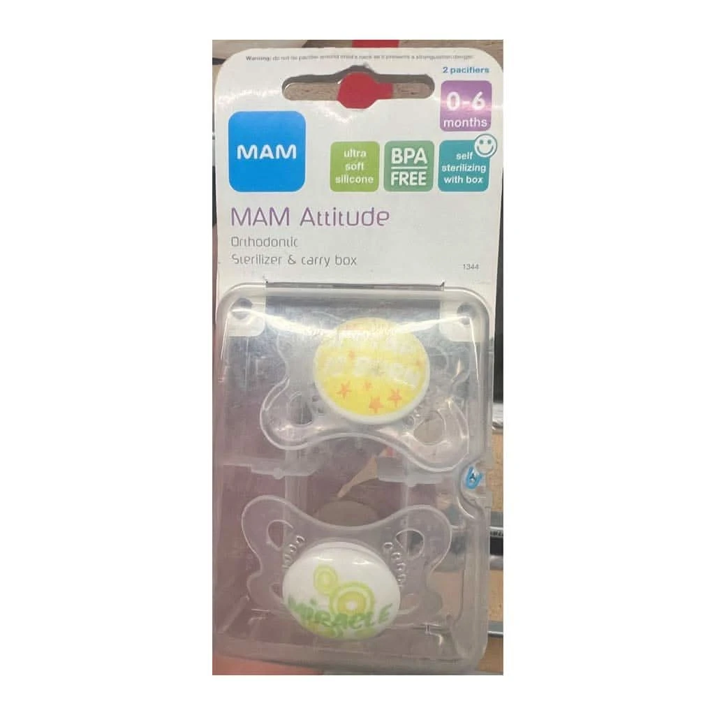 MAM Attitude Pacifiers 2 Pack For 0-6 Months, Yellow/Green 3 MAM Attitude Pacifiers 2 Pack For 0-6 Months, Yellow/Green