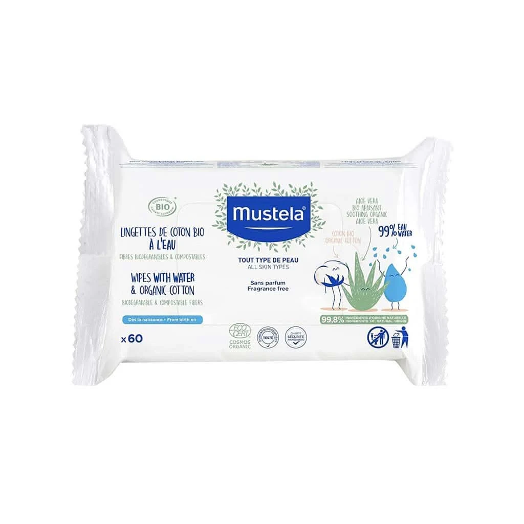Mustela Organic Cotton Water Wipes, 60 Wipes 3 Mustela Organic Cotton Water Wipes, 60 Wipes